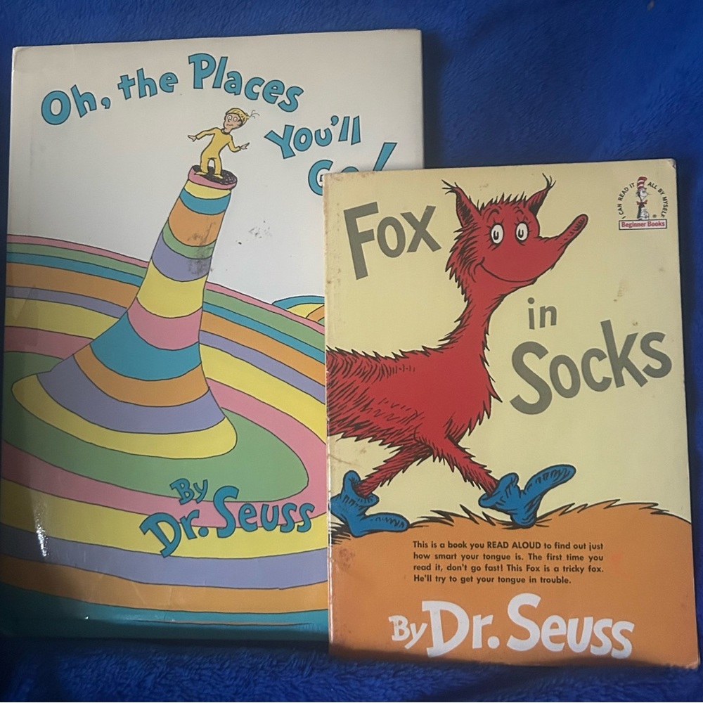 Vintage Dr. Seuss Book Set featuring “Fox In Sox” and “Oh the Places You’ll Go.”